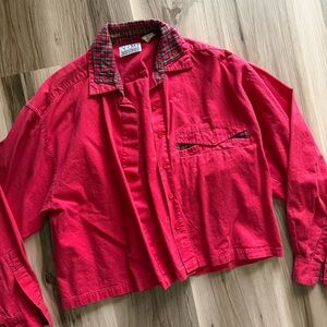 Vintage Reworked Red Plaid Collar Button-Up Shirt Cropped